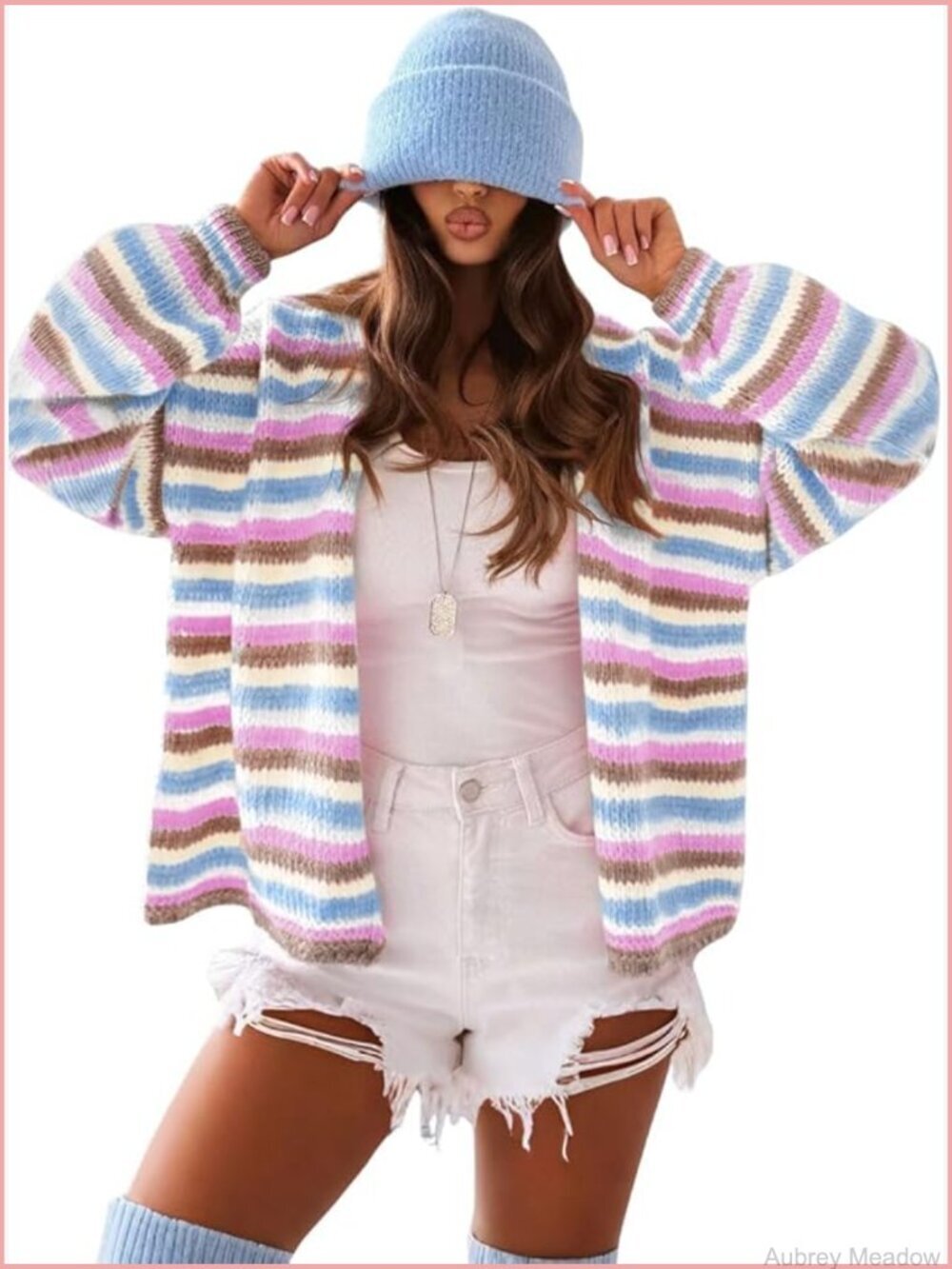 Open Front Chunky Knit Cardigan Sweater Striped Fall Layering Jacket